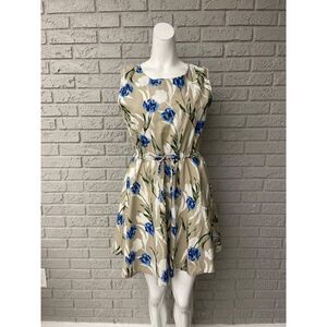 Yull Women Floral Linen Short Sleeve Round Neck Mini Dress Size 8